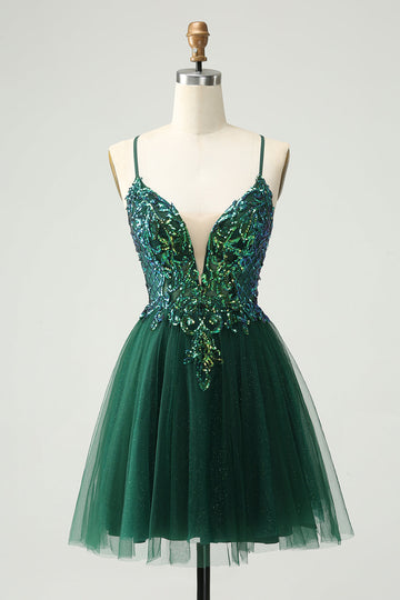 Vestido de cóctel con apliques de lentejuelas y cuello en V con purpurina y línea A verde oscuro